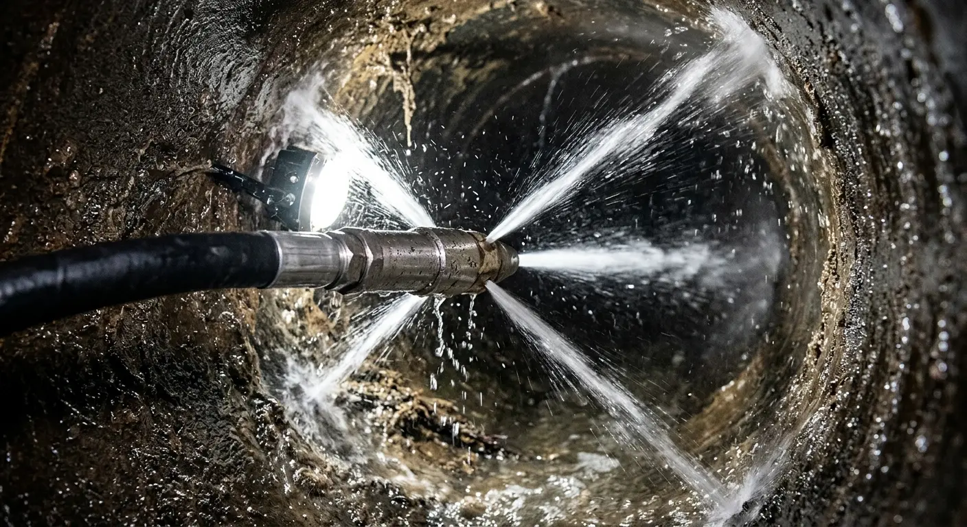 High-pressure hydro jetting nozzle cleaning sewer pipe for Emergency Drain Service in Hood River