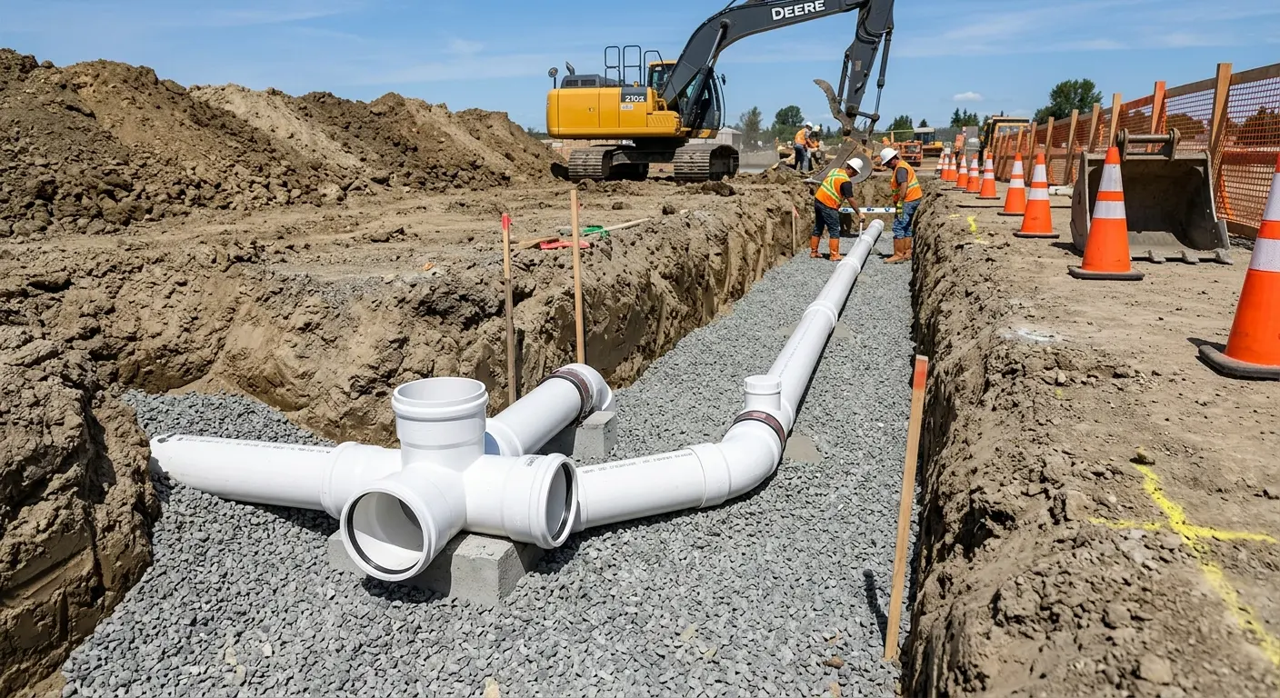 New PVC sewer pipe installation in open trench for Sewer Backup in Hood River