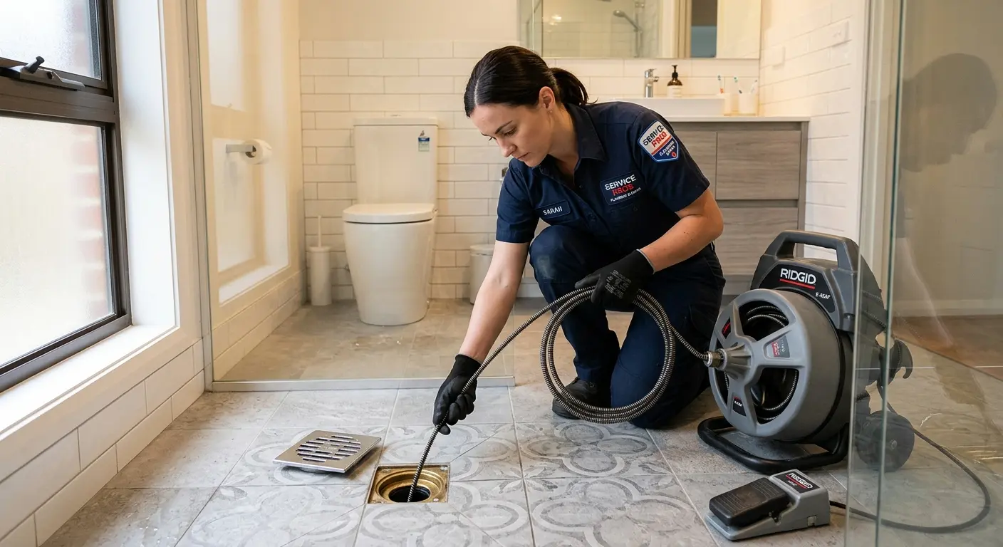 Technician clearing a bathroom floor drain for Hydro Jetting in Hood River